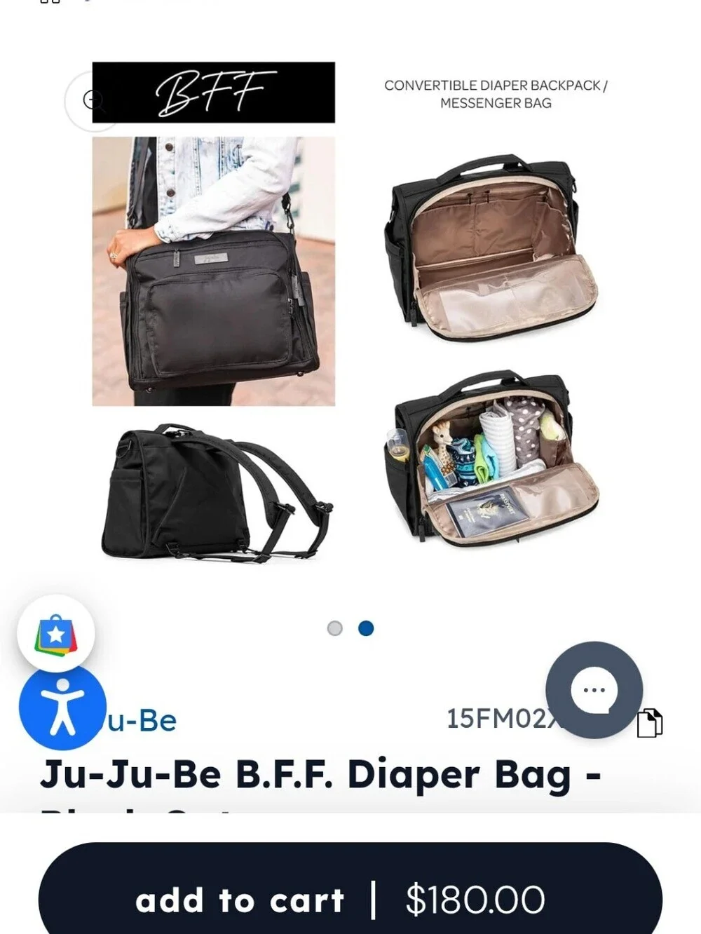 Ju-Ju-Be B.F.F. Diaper Bag Baby Bag Backpack Messenger Convertible - Black Out